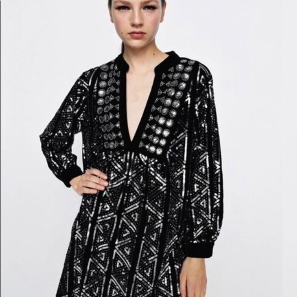 NWT ZARA Black Velvet Dress with Silver Sequins